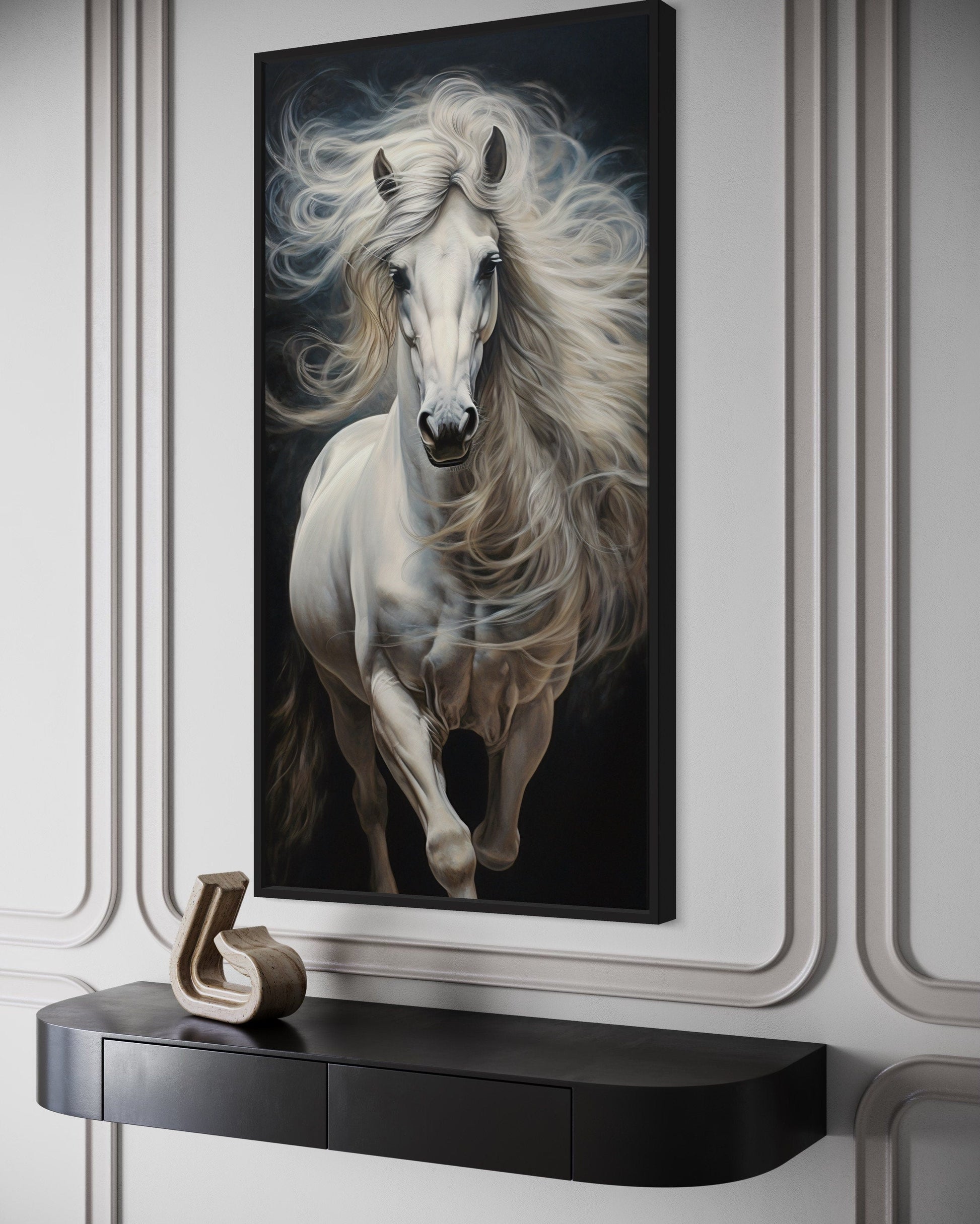 Tall White Horse Wall Art | Vertical Canvas Print - Modern Minimalist Equestrian Decor