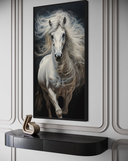 Tall White Horse Wall Art | Vertical Canvas Print - Modern Minimalist Equestrian Decor