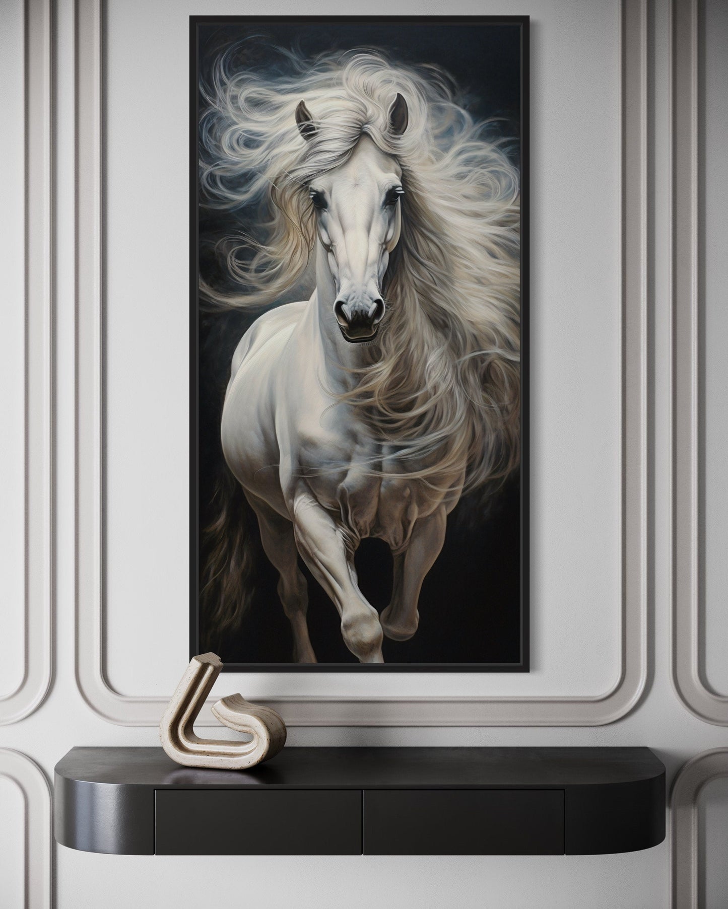 Tall White Horse Wall Art | Vertical Canvas Print - Modern Minimalist Equestrian Decor