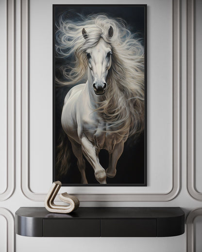 Tall White Horse Wall Art | Vertical Canvas Print - Modern Minimalist Equestrian Decor