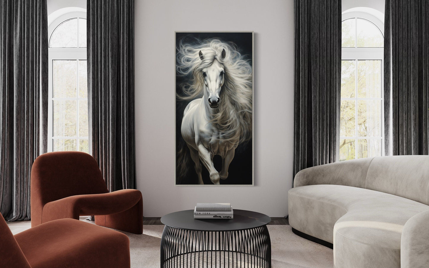 Tall White Horse Wall Art | Vertical Canvas Print - Modern Minimalist Equestrian Decor