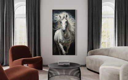 Tall White Horse Wall Art | Vertical Canvas Print - Modern Minimalist Equestrian Decor