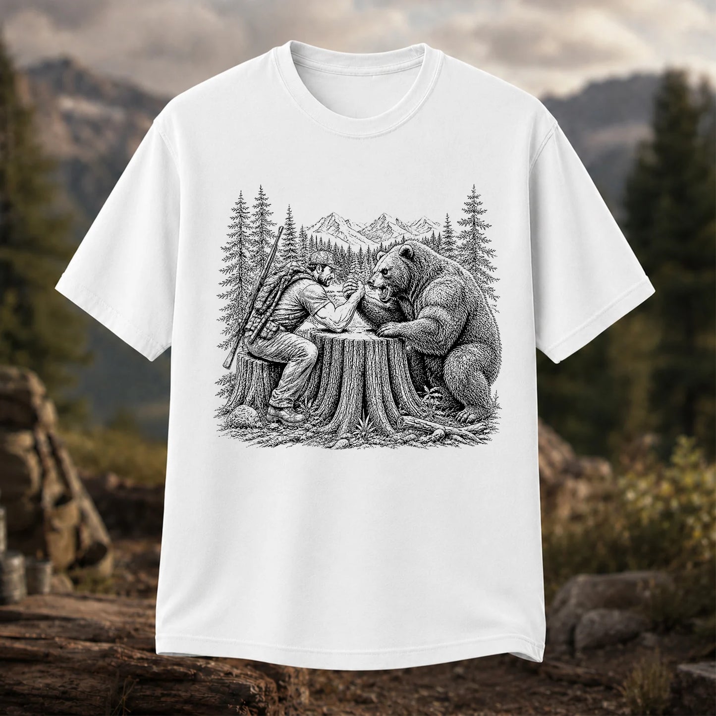 Hunter Arm Wrestling a Bear T-Shirt, Funny Wilderness Tee