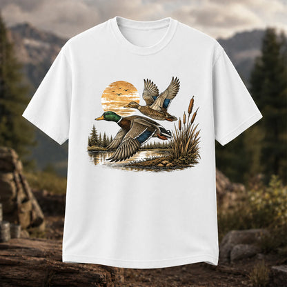 Mallard Ducks Flying at Sunset T-Shirt, Retro Waterfowl Hunting Tee