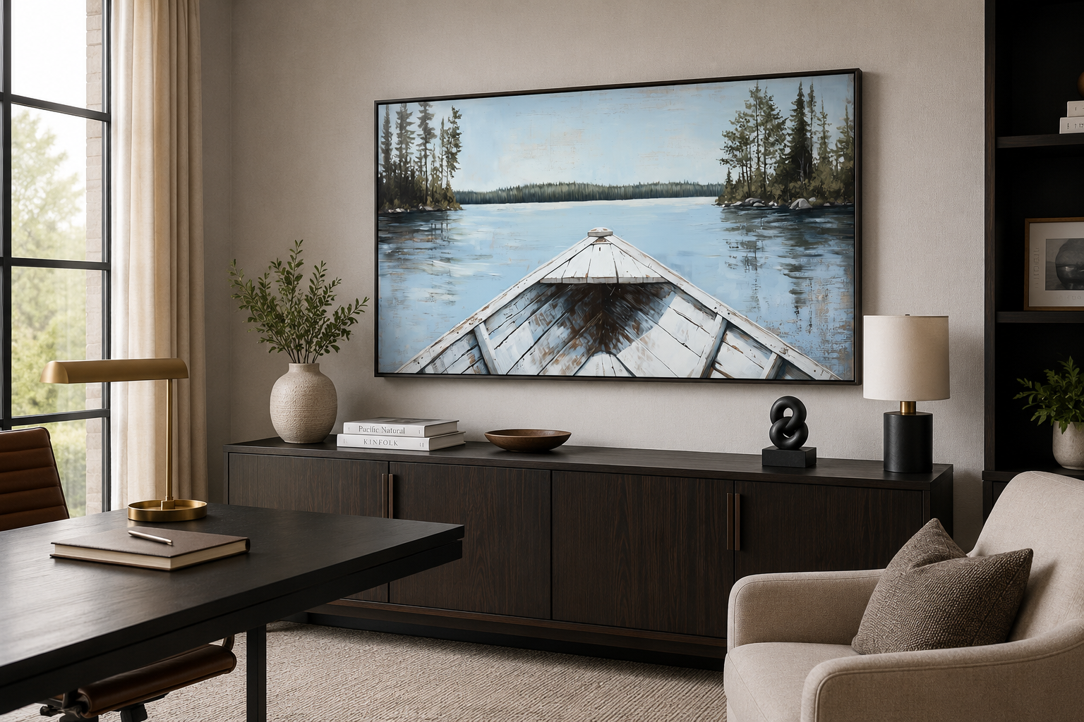 Lake View Wall Art – White Canoe Blue Landscape Canvas | Rustic Cabin Decor