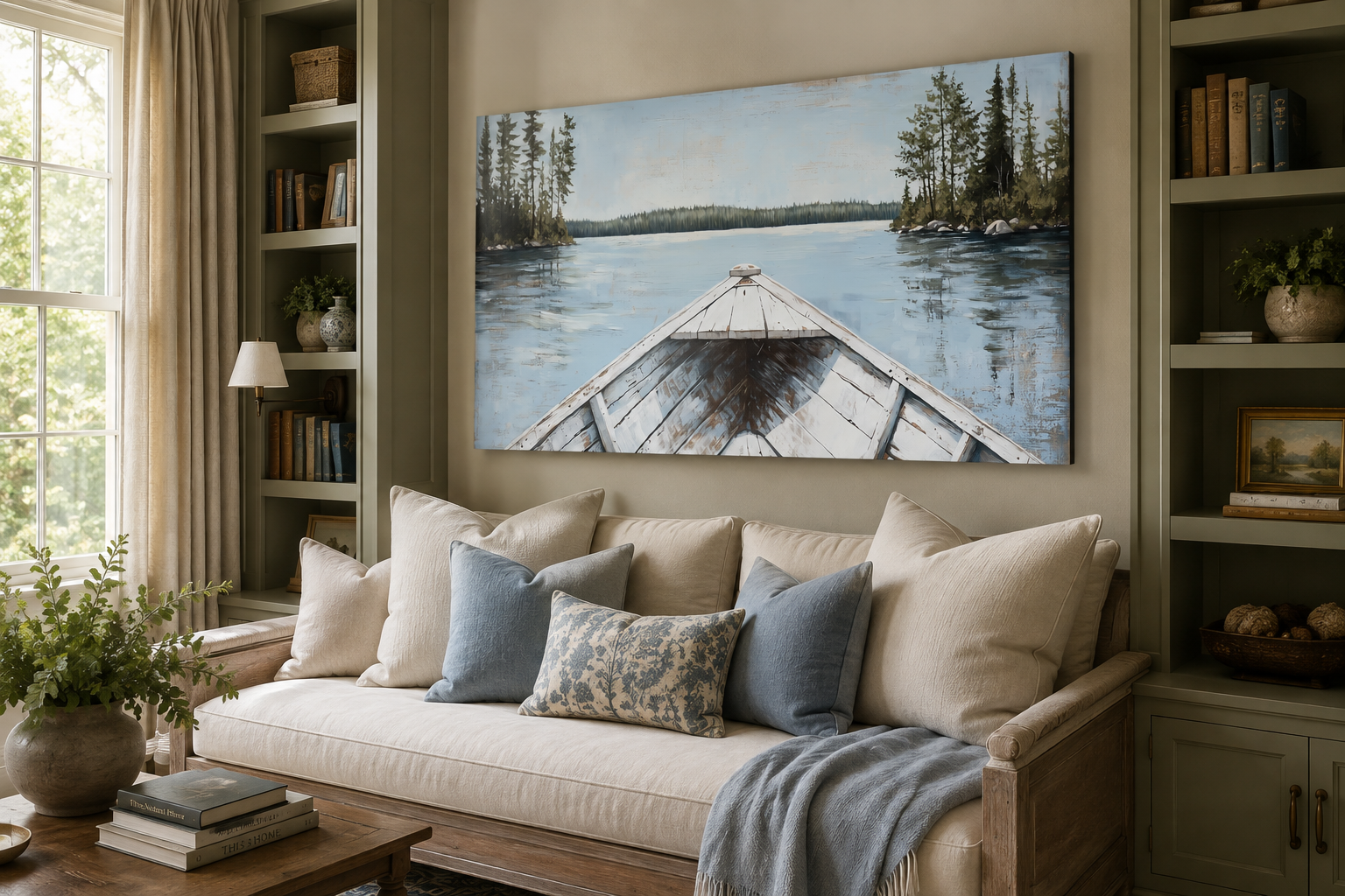 Lake View Wall Art – White Canoe Blue Landscape Canvas | Rustic Cabin Decor