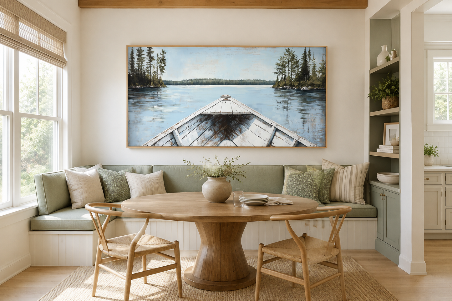 Lake View Wall Art – White Canoe Blue Landscape Canvas | Rustic Cabin Decor