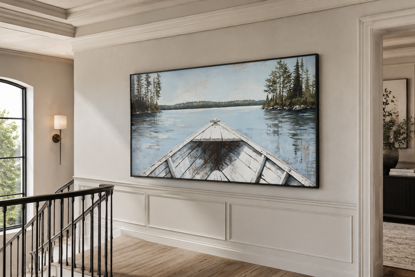 Lake View Wall Art – White Canoe Blue Landscape Canvas | Rustic Cabin Decor