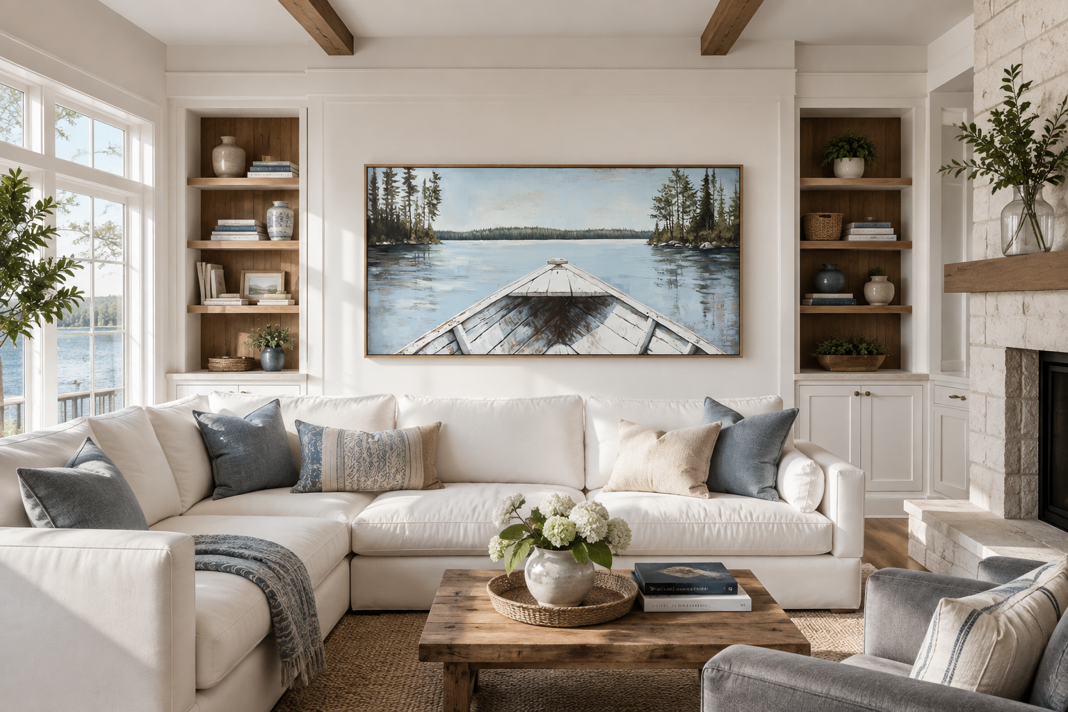 Lake View Wall Art – White Canoe Blue Landscape Canvas | Rustic Cabin Decor