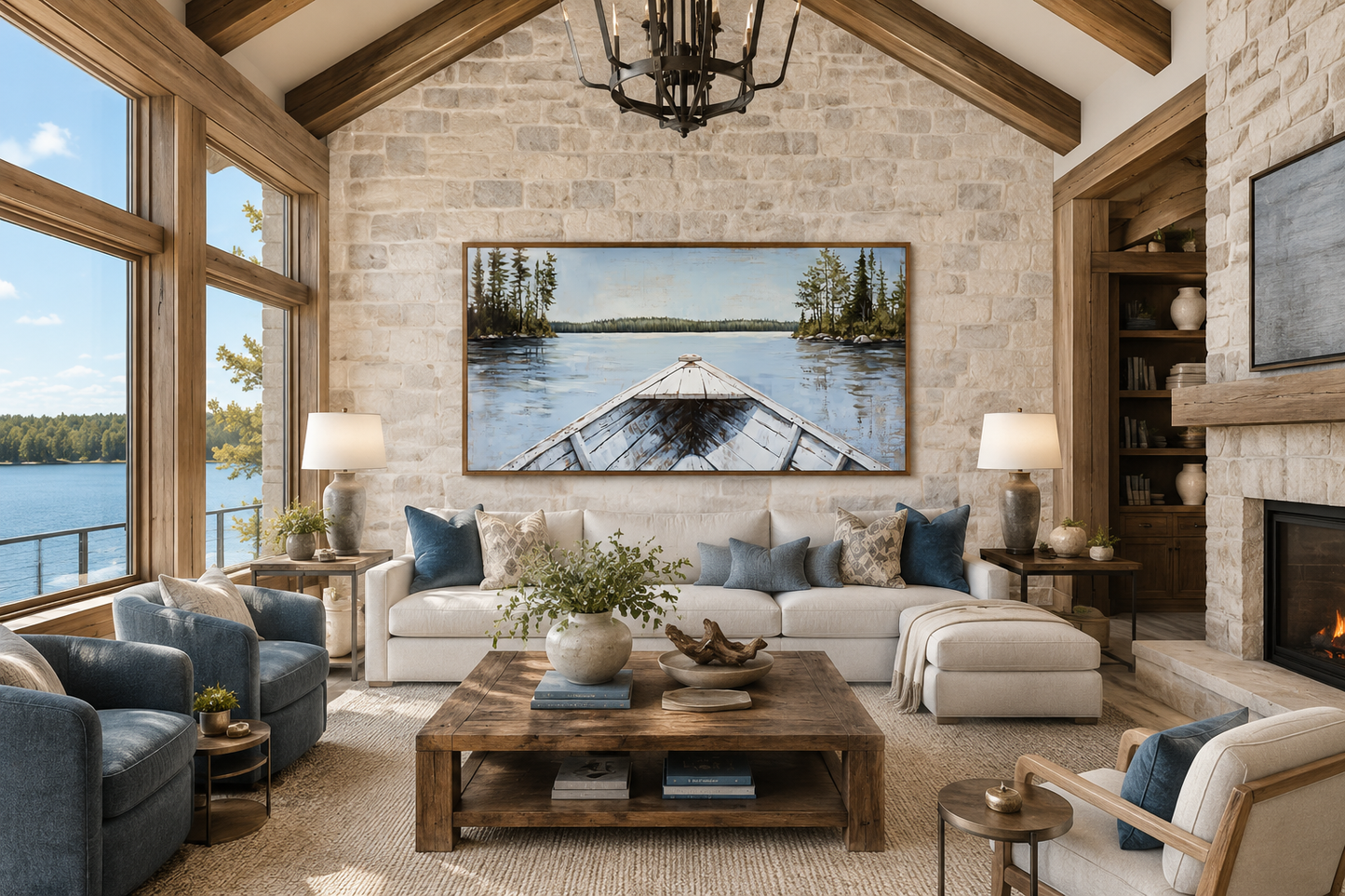 Lake View Wall Art – White Canoe Blue Landscape Canvas | Rustic Cabin Decor