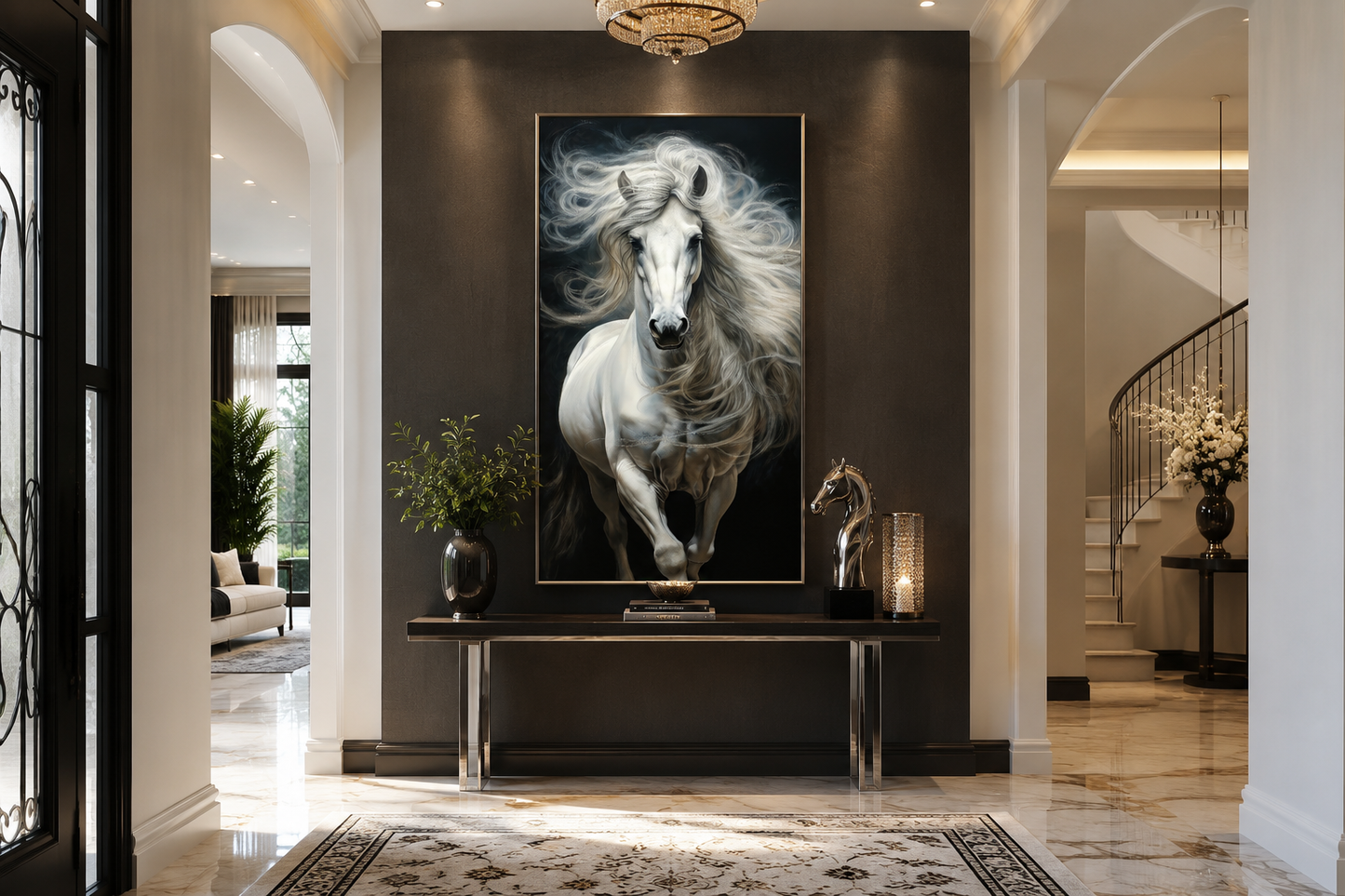 Tall White Horse Wall Art | Vertical Canvas Print - Modern Minimalist Equestrian Decor