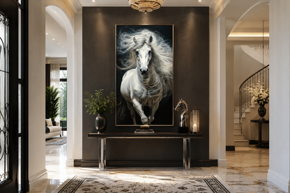 Tall White Horse Wall Art | Vertical Canvas Print - Modern Minimalist Equestrian Decor