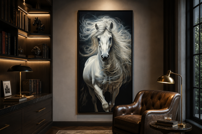 Tall White Horse Wall Art | Vertical Canvas Print - Modern Minimalist Equestrian Decor