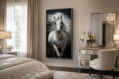 Tall White Horse Wall Art | Vertical Canvas Print - Modern Minimalist Equestrian Decor