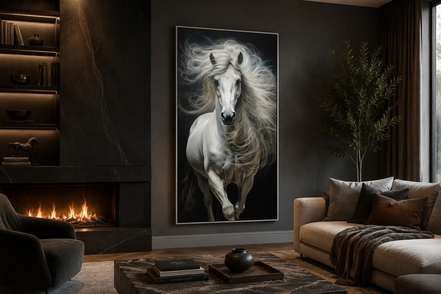 Tall White Horse Wall Art | Vertical Canvas Print - Modern Minimalist Equestrian Decor
