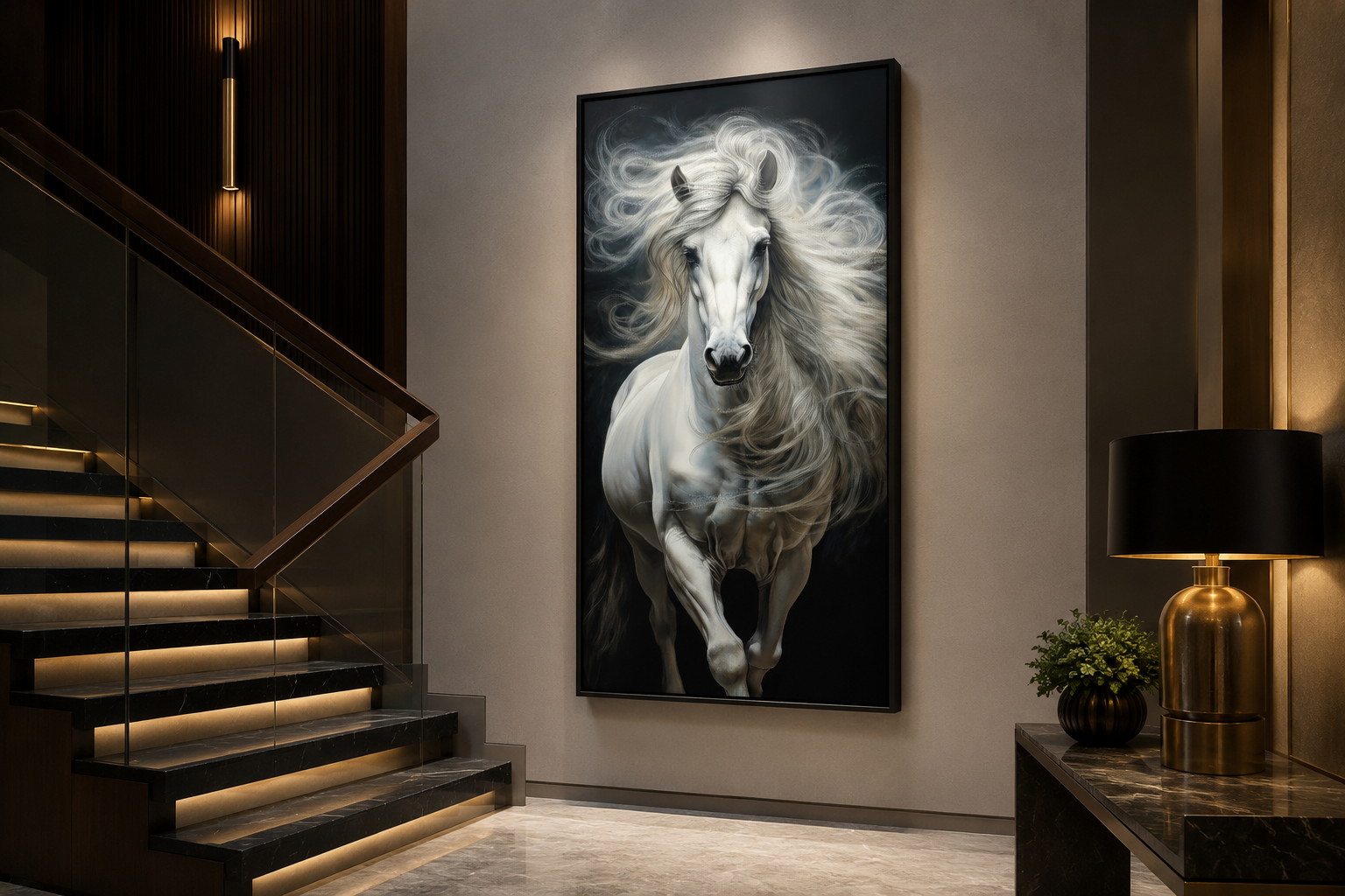 Tall White Horse Wall Art | Vertical Canvas Print - Modern Minimalist Equestrian Decor