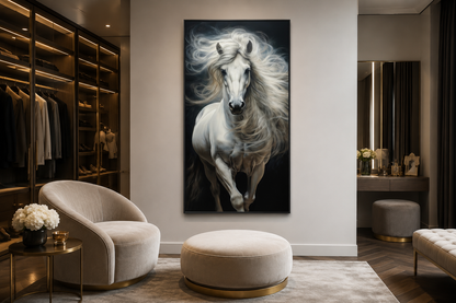 Tall White Horse Wall Art | Vertical Canvas Print - Modern Minimalist Equestrian Decor