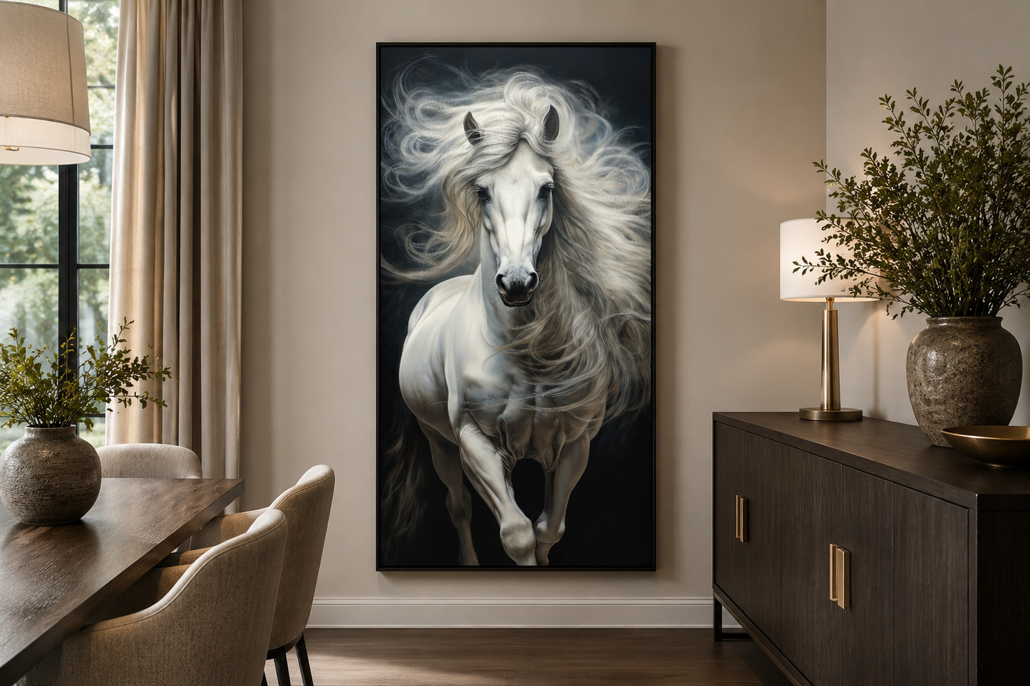Tall White Horse Wall Art | Vertical Canvas Print - Modern Minimalist Equestrian Decor