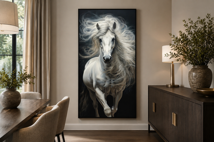 Tall White Horse Wall Art | Vertical Canvas Print - Modern Minimalist Equestrian Decor
