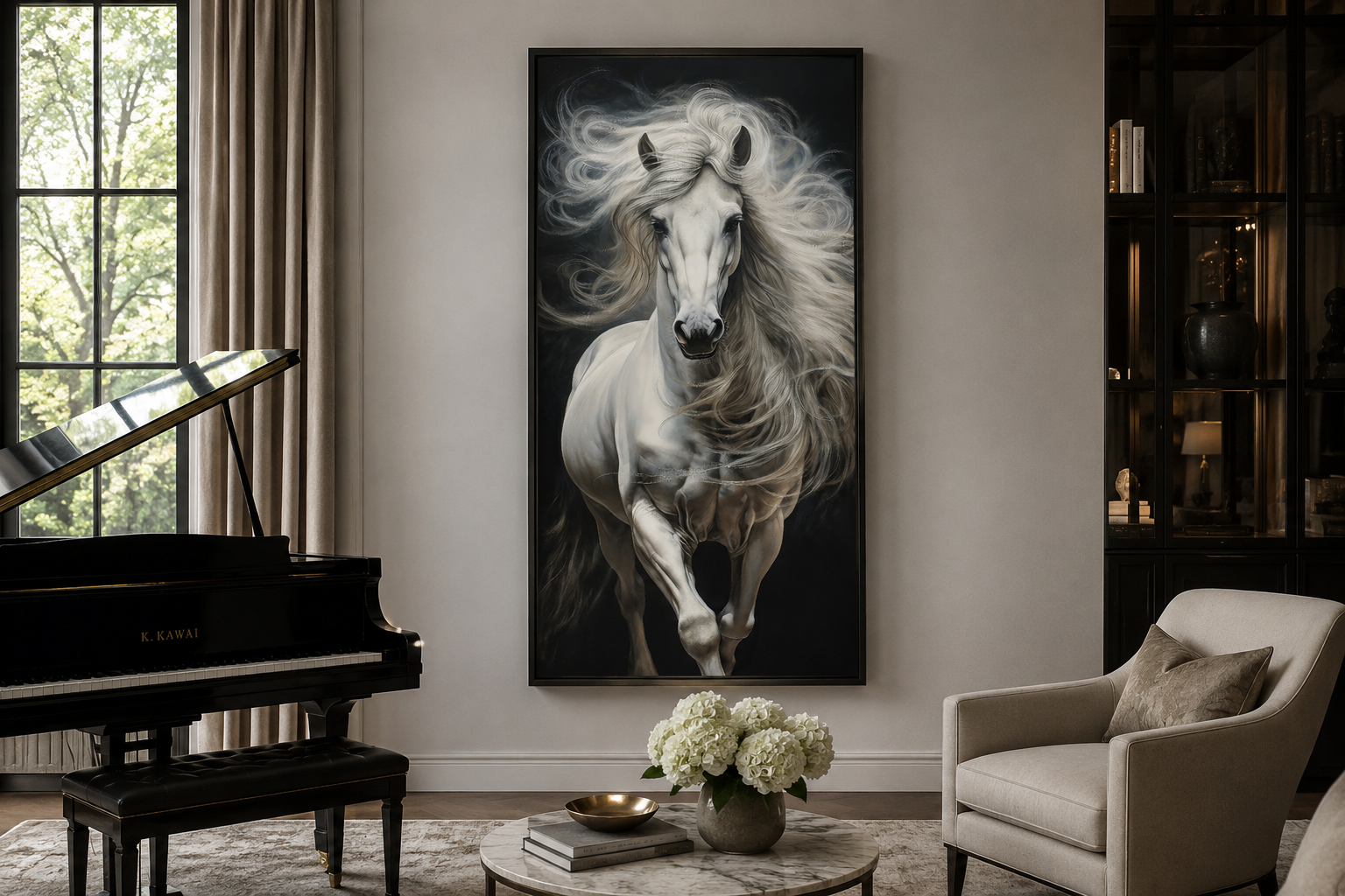 Tall White Horse Wall Art | Vertical Canvas Print - Modern Minimalist Equestrian Decor