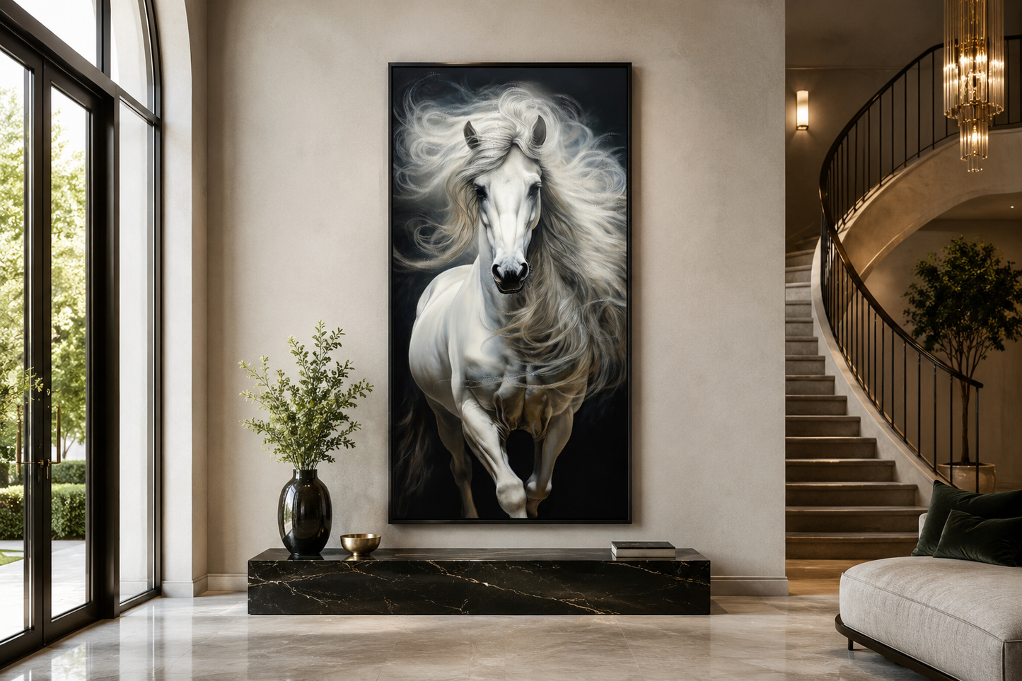 Tall White Horse Wall Art | Vertical Canvas Print - Modern Minimalist Equestrian Decor