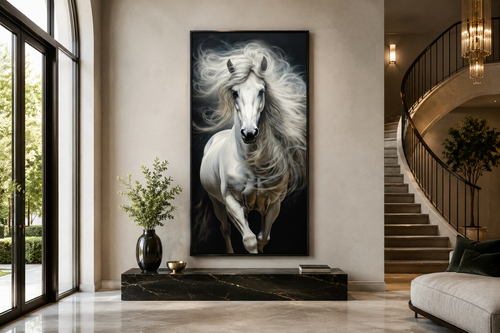 Tall White Horse Wall Art | Vertical Canvas Print - Modern Minimalist Equestrian Decor