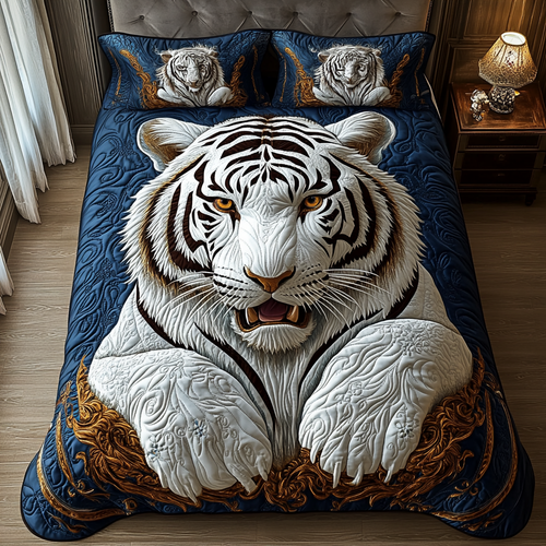 White Tiger Forest Quilted Bedding Set - Single (59" x 70")