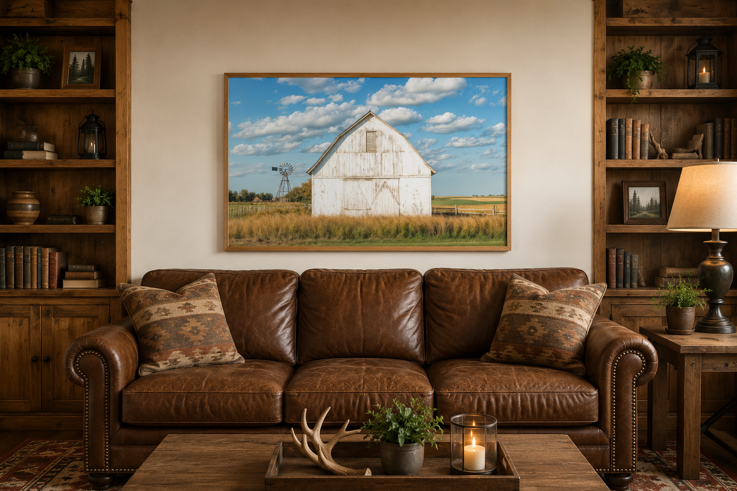 Old Weathered White Barn With Windmill Framed Canvas Wall Art Farmhouse Living Room Decor