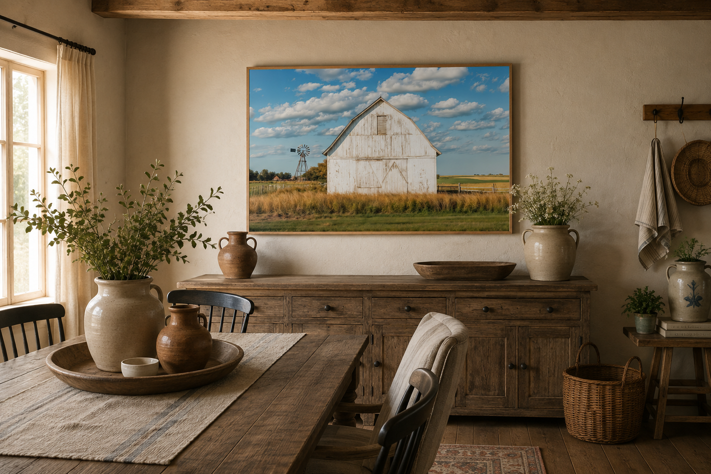 Old Weathered White Barn With Windmill Framed Canvas Wall Art Farmhouse Living Room Decor