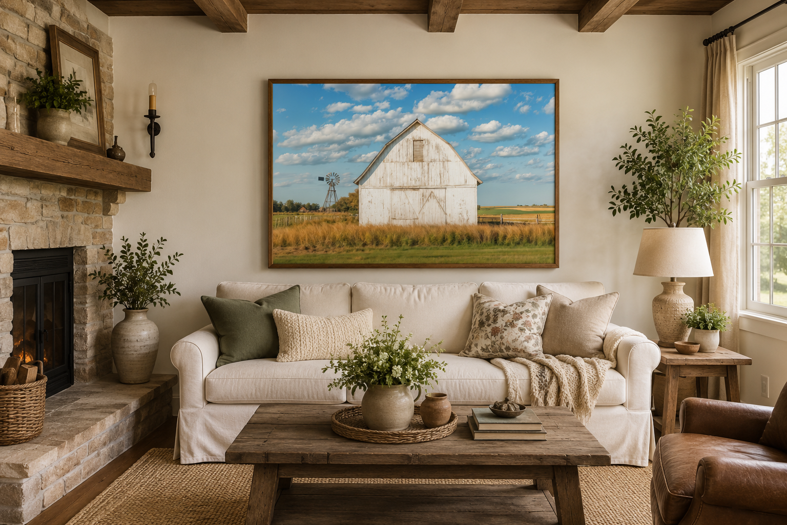 Old Weathered White Barn With Windmill Framed Canvas Wall Art Farmhouse Living Room Decor
