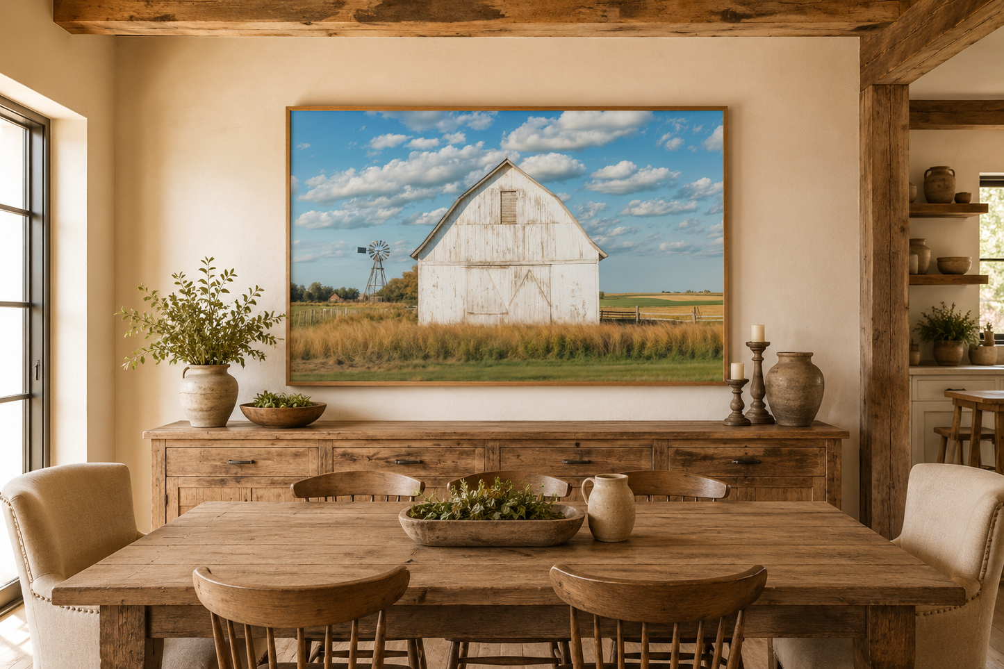 Old Weathered White Barn With Windmill Framed Canvas Wall Art Farmhouse Living Room Decor