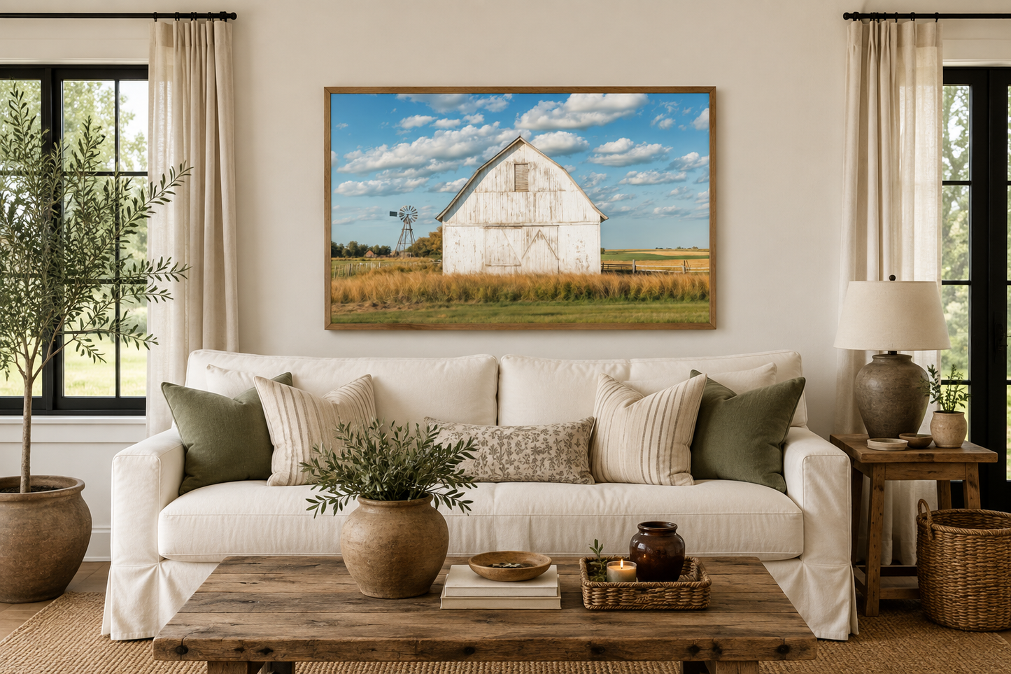 Old Weathered White Barn With Windmill Framed Canvas Wall Art Farmhouse Living Room Decor