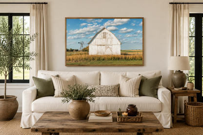 Old Weathered White Barn With Windmill Framed Canvas Wall Art Farmhouse Living Room Decor