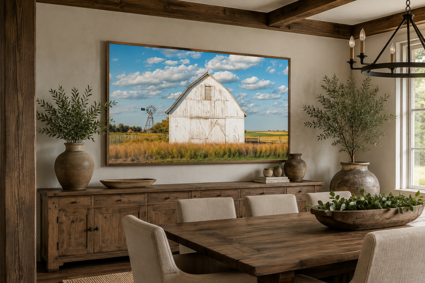 Old Weathered White Barn With Windmill Framed Canvas Wall Art Farmhouse Living Room Decor