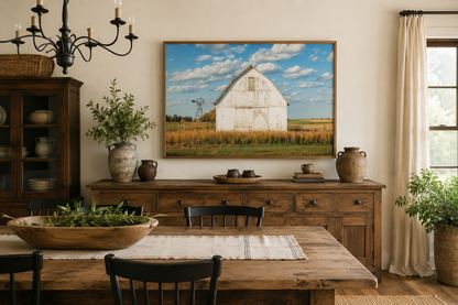 Old Weathered White Barn With Windmill Framed Canvas Wall Art Farmhouse Living Room Decor