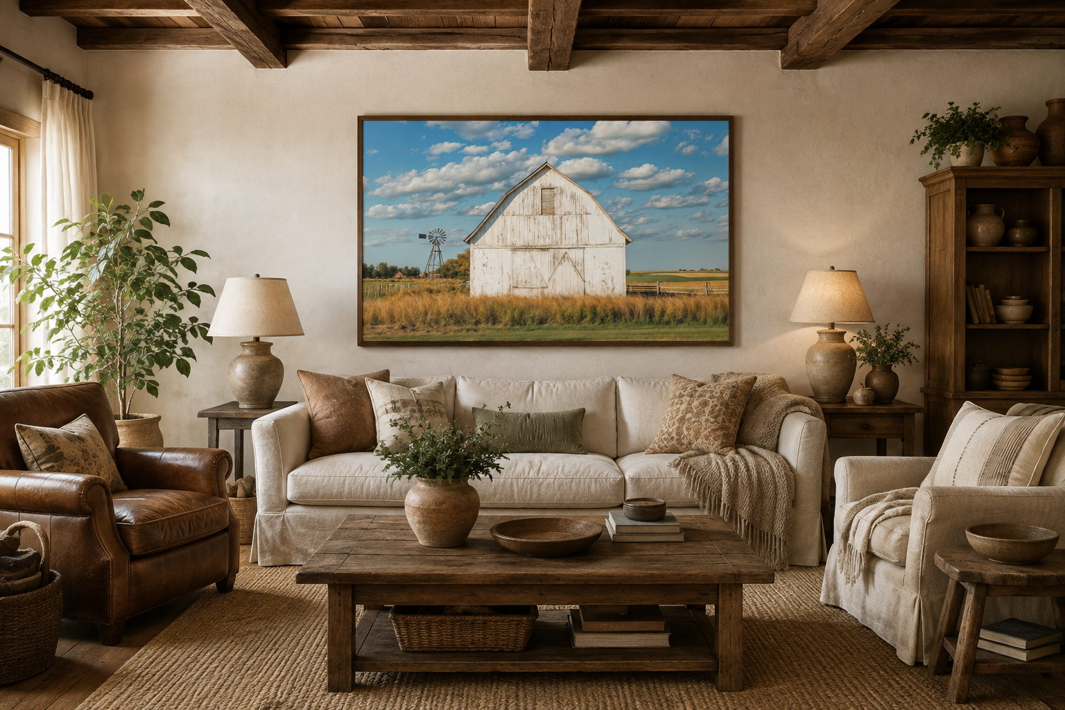 Old Weathered White Barn With Windmill Framed Canvas Wall Art Farmhouse Living Room Decor