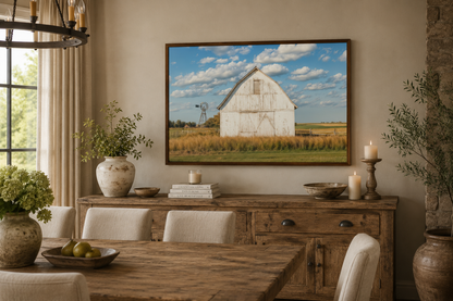Old Weathered White Barn With Windmill Framed Canvas Wall Art Farmhouse Living Room Decor