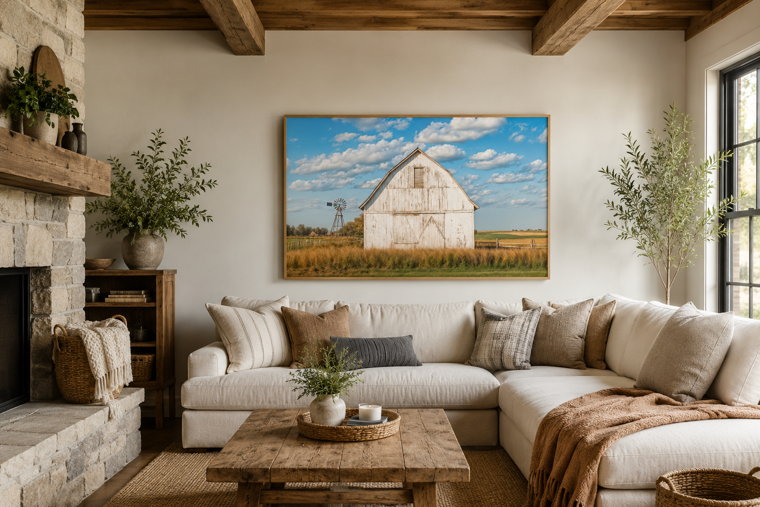 Old Weathered White Barn With Windmill Framed Canvas Wall Art Farmhouse Living Room Decor