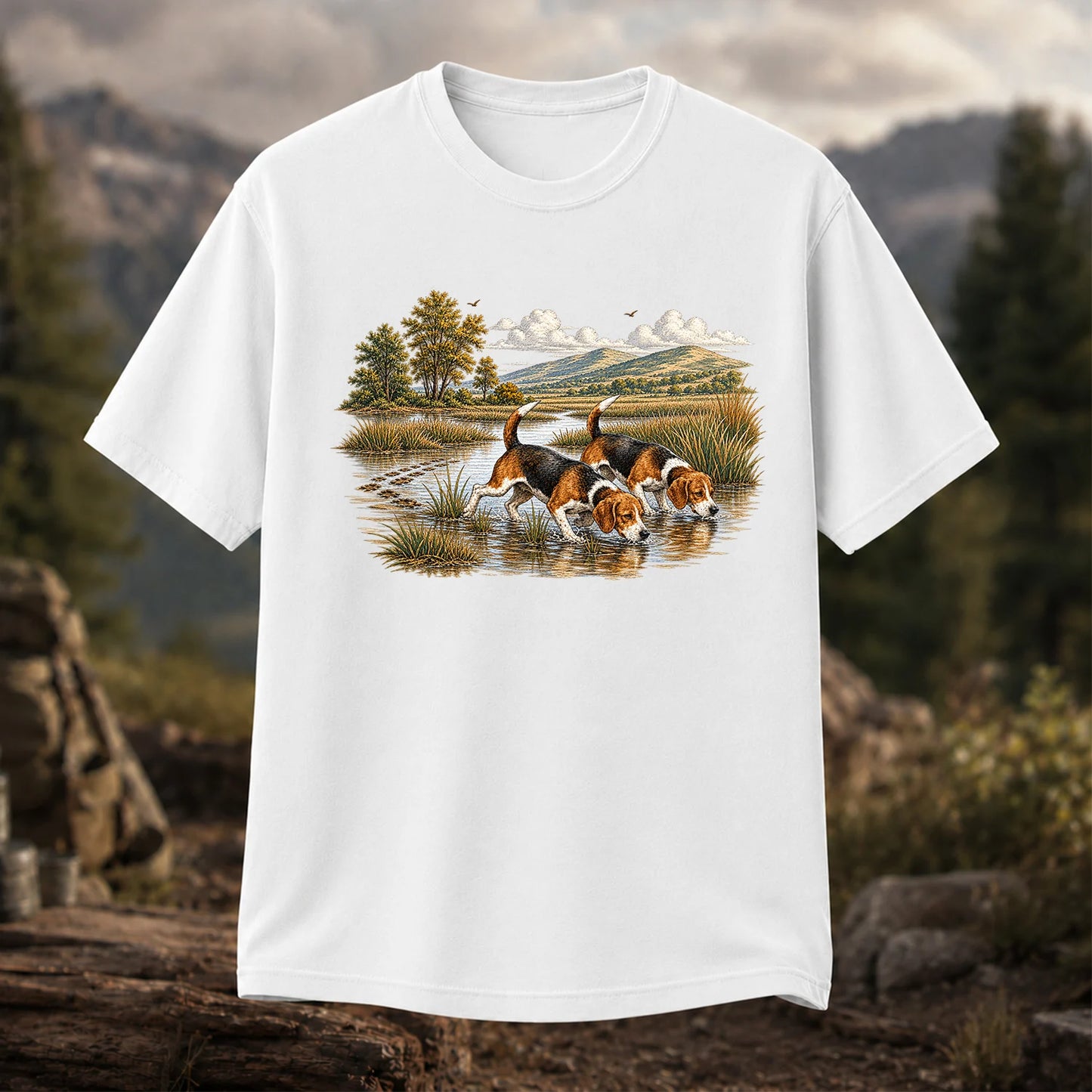 Beagles Tracking Through a Marsh T-Shirt, Vintage Hunting Dog Tee
