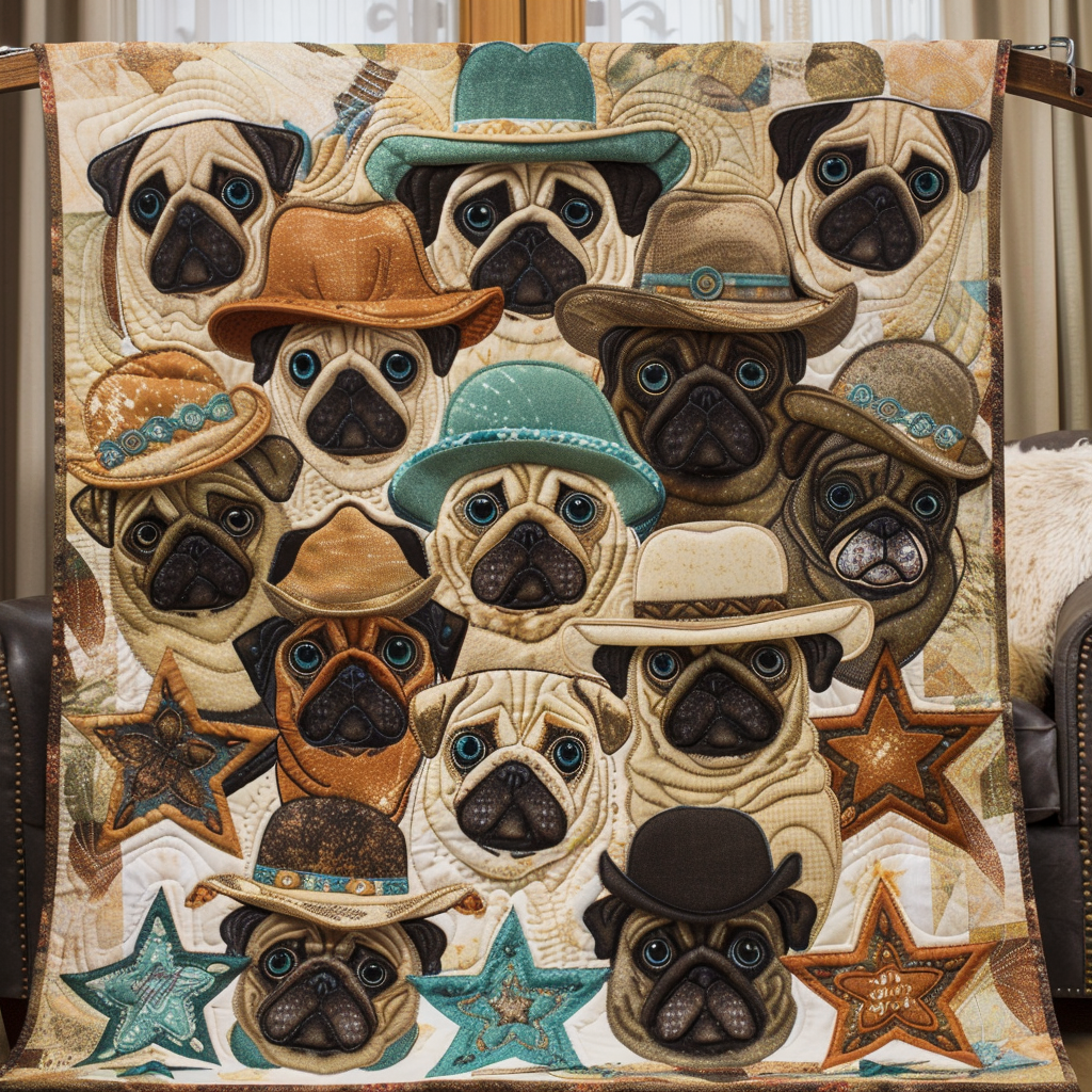 Wild West Pug Quilted Blanket - Throw (55" x 60")