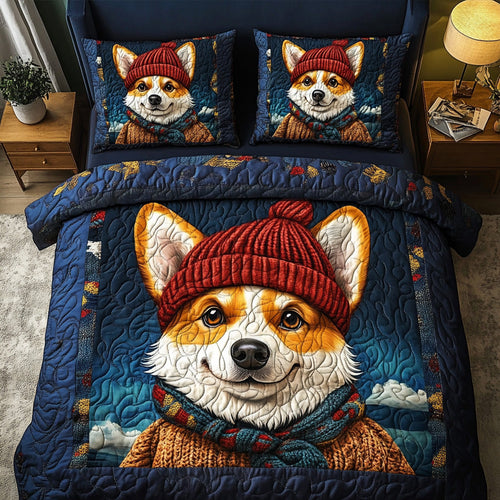 Winter Corgi Snuggles 3-Piece Quilted Bedding Set - Single (59" x 70")
