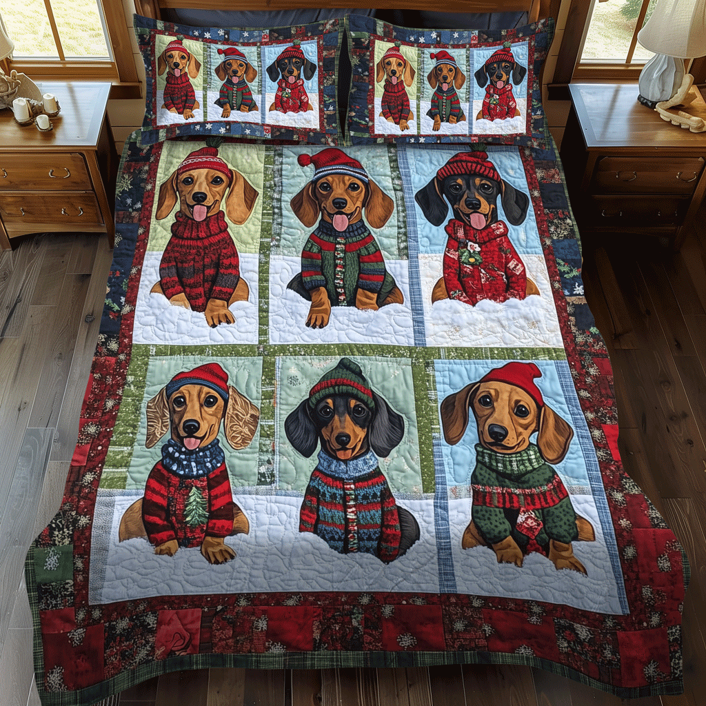 Winter Doxie Cozy 3-Piece Quilted Bedding Set - Single (59" x 70")