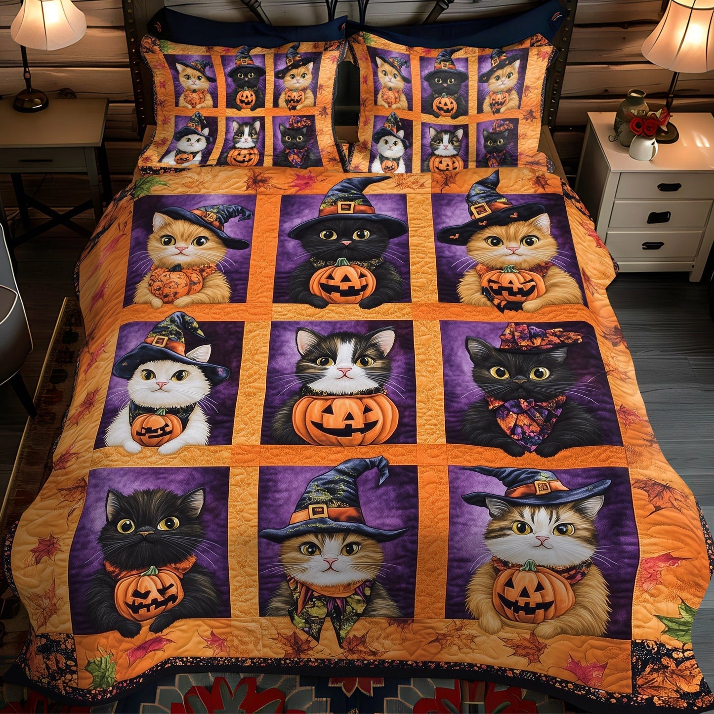 Witch Hat Kitties 3-Piece Quilted Bedding Set - Single (59" x 70")
