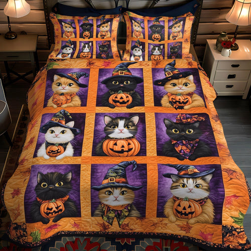 Witch Hat Kitties 3-Piece Quilted Bedding Set - Single (59" x 70")