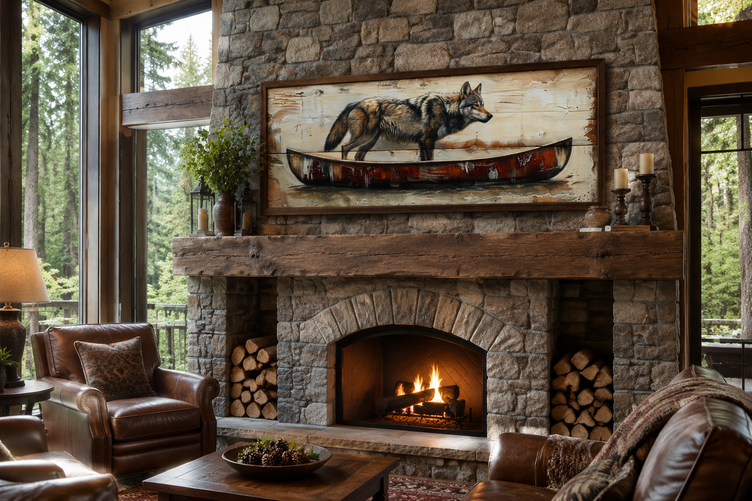 Rustic Wolf In Canoe Long Horizontal Framed Canvas Wall Art