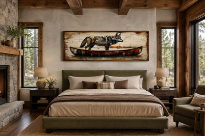 Rustic Wolf In Canoe Long Horizontal Framed Canvas Wall Art