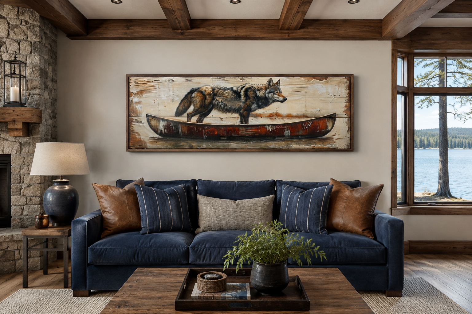 Rustic Wolf In Canoe Long Horizontal Framed Canvas Wall Art