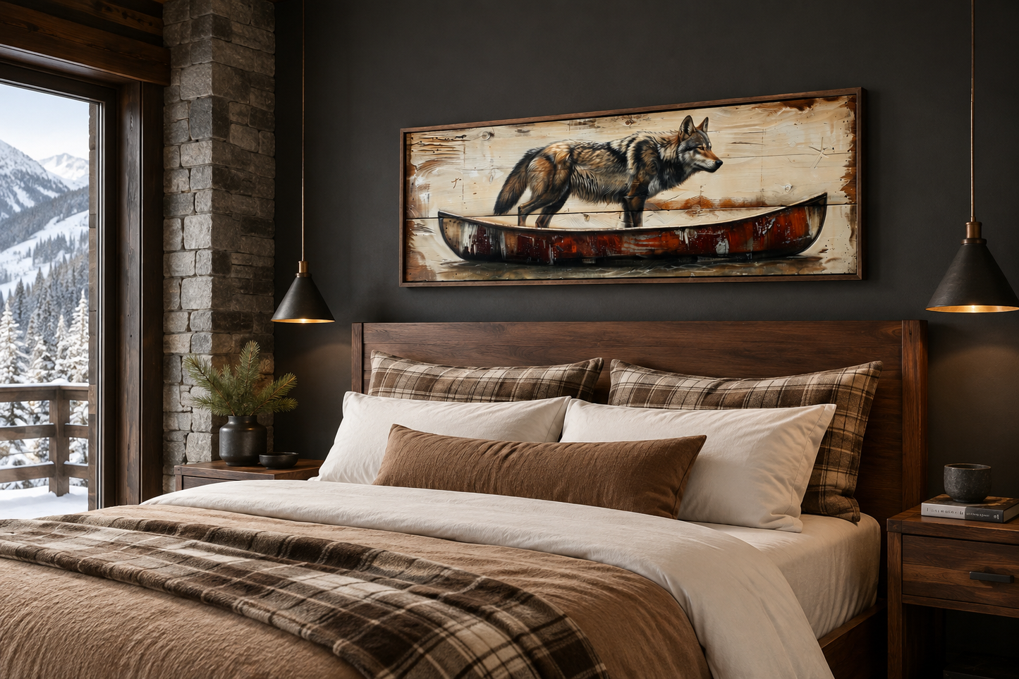 Rustic Wolf In Canoe Long Horizontal Framed Canvas Wall Art
