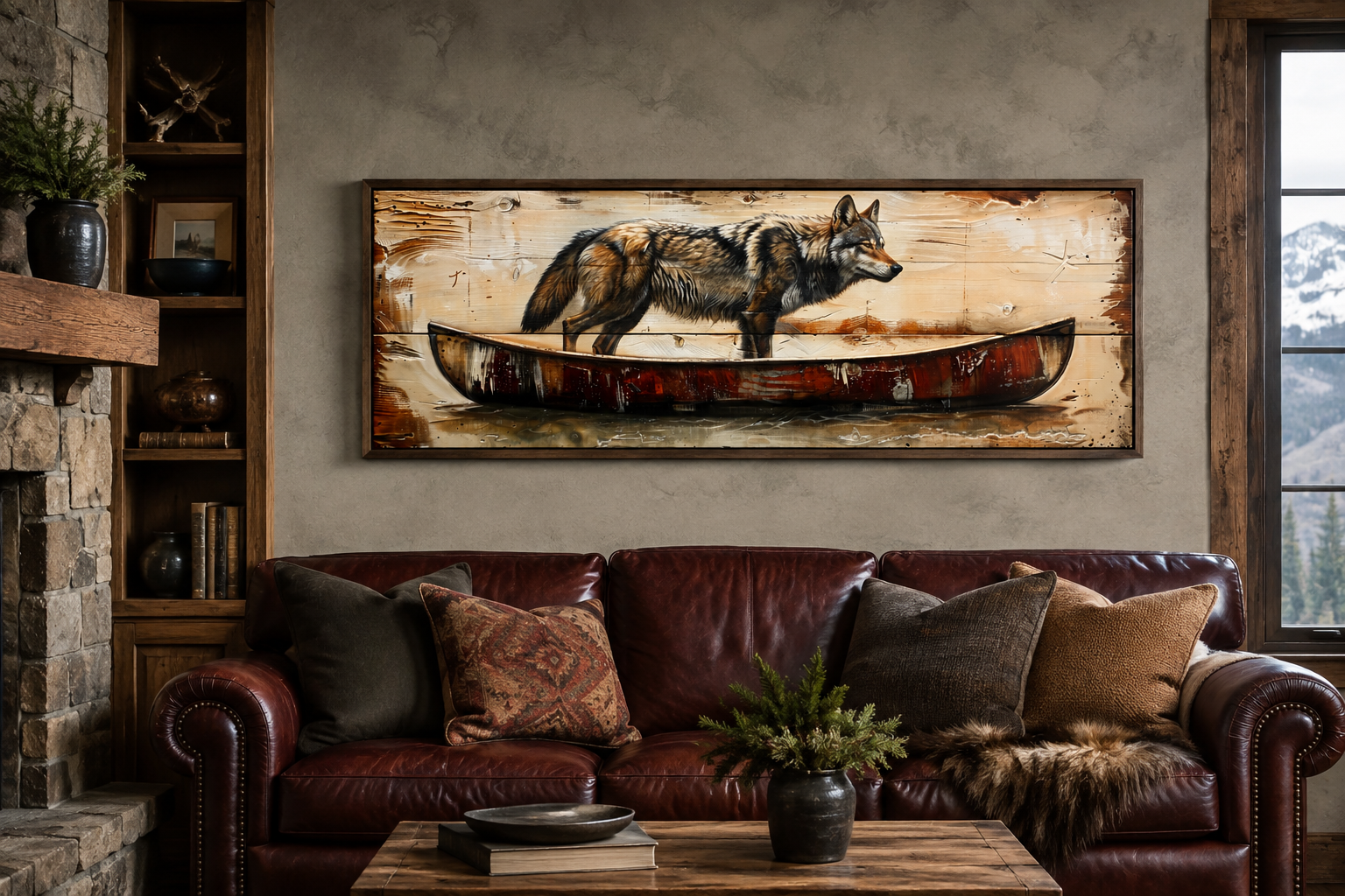 Rustic Wolf In Canoe Long Horizontal Framed Canvas Wall Art