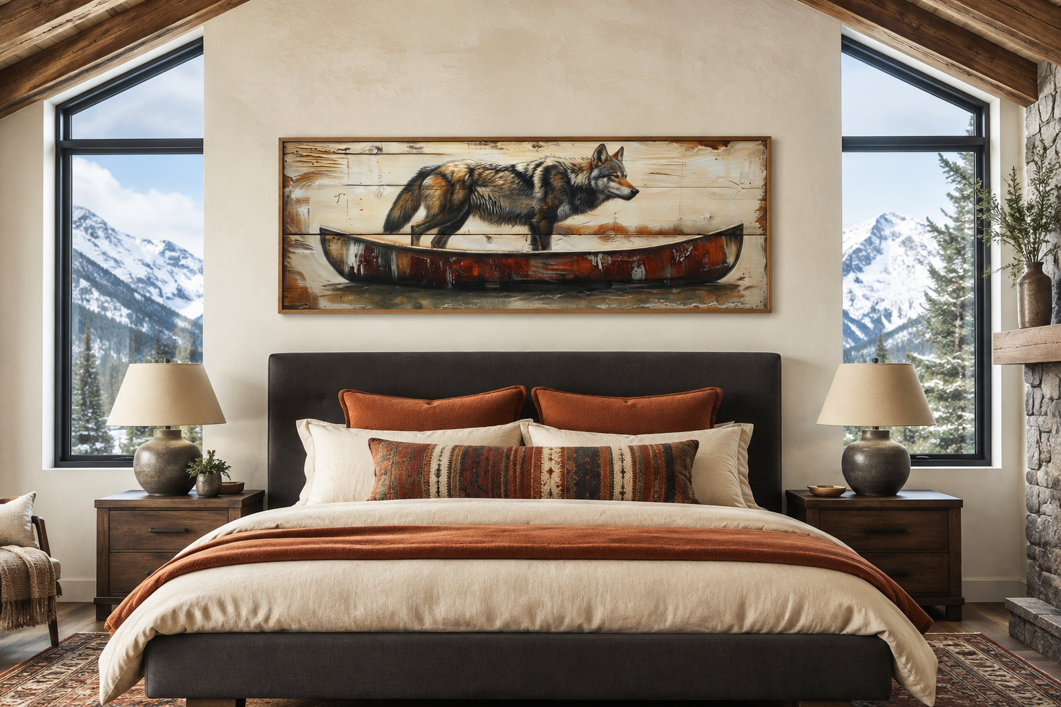 Rustic Wolf In Canoe Long Horizontal Framed Canvas Wall Art